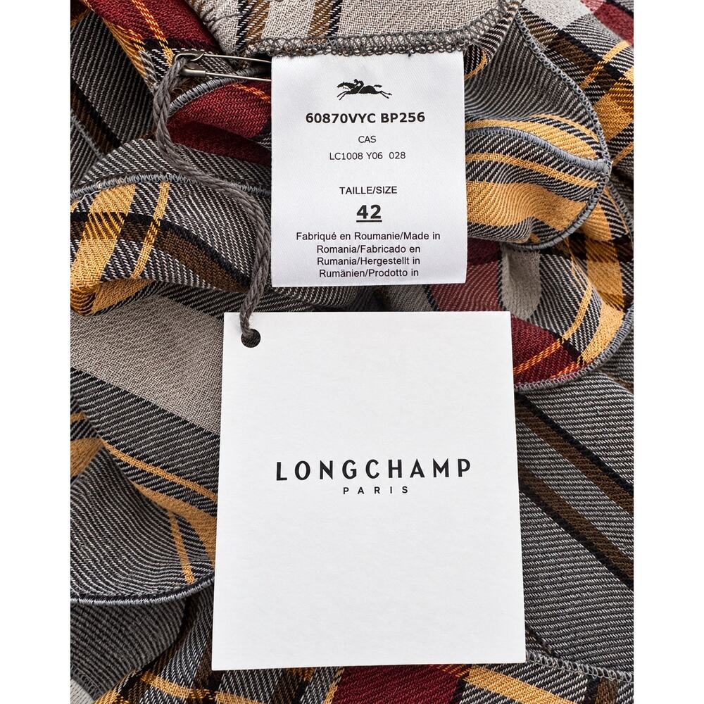 Longchamp Paris Plaid Wool Viscose Ruffle Hem Blouse Size 42 US 10 NWT - Picture 10 of 11